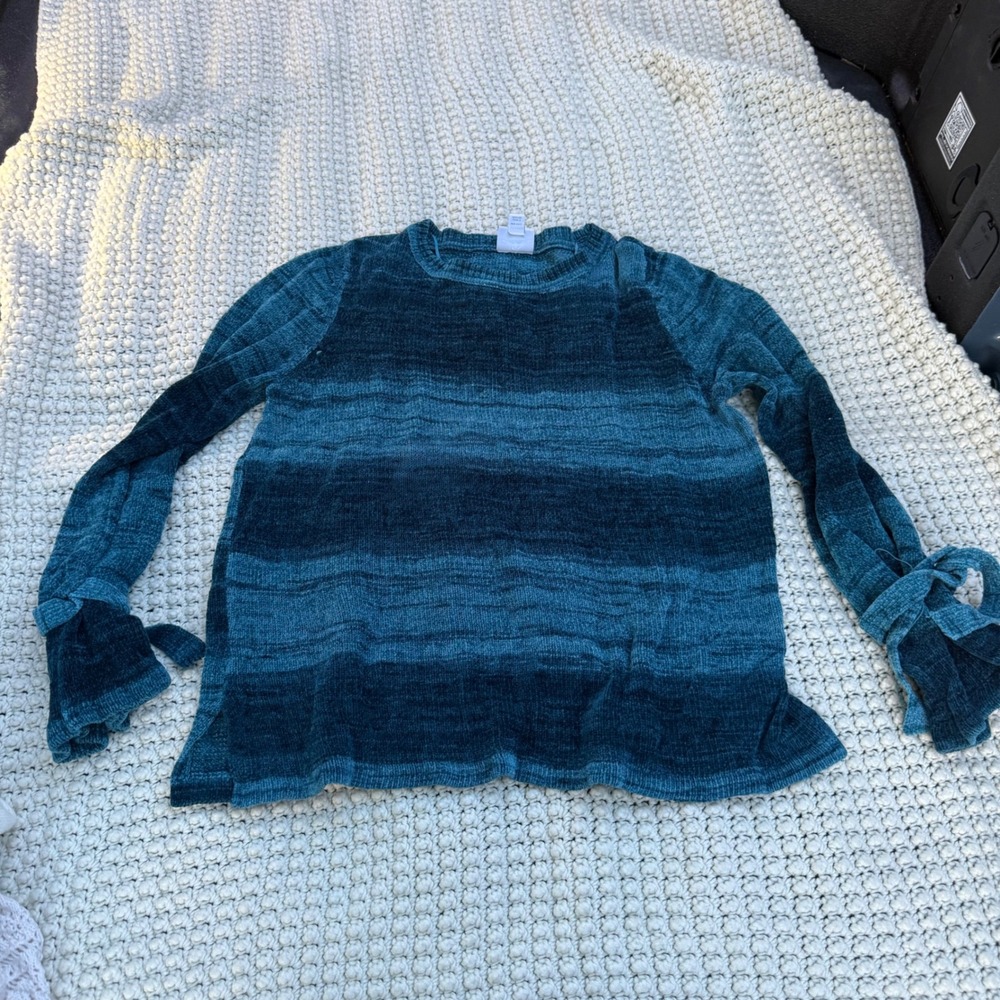 St Johns Bay Chenille Sweater Womens Large Teal Blue Ombre Stripe Tie Sleeve L